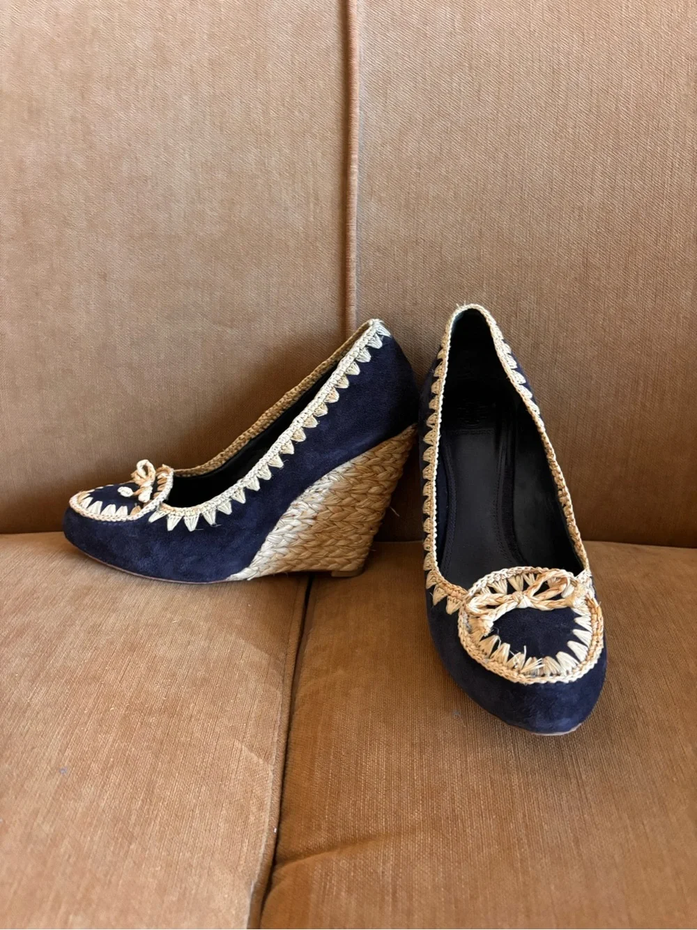 Tory Burch Navy Suede Wedge Espadrilles with Natural Trim